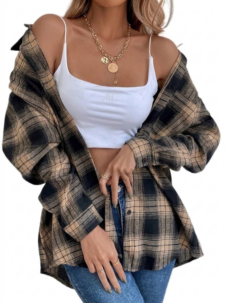Women's Plaid Flannel Shacket - Brown