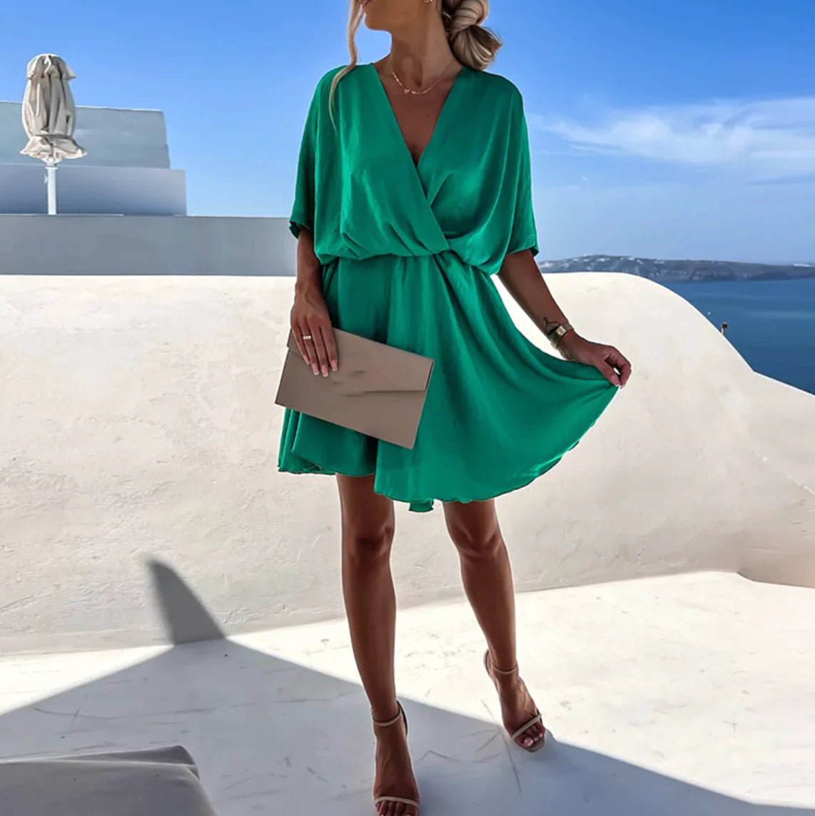 Women's Satin Wrap Mini Party Dress - Dark Green