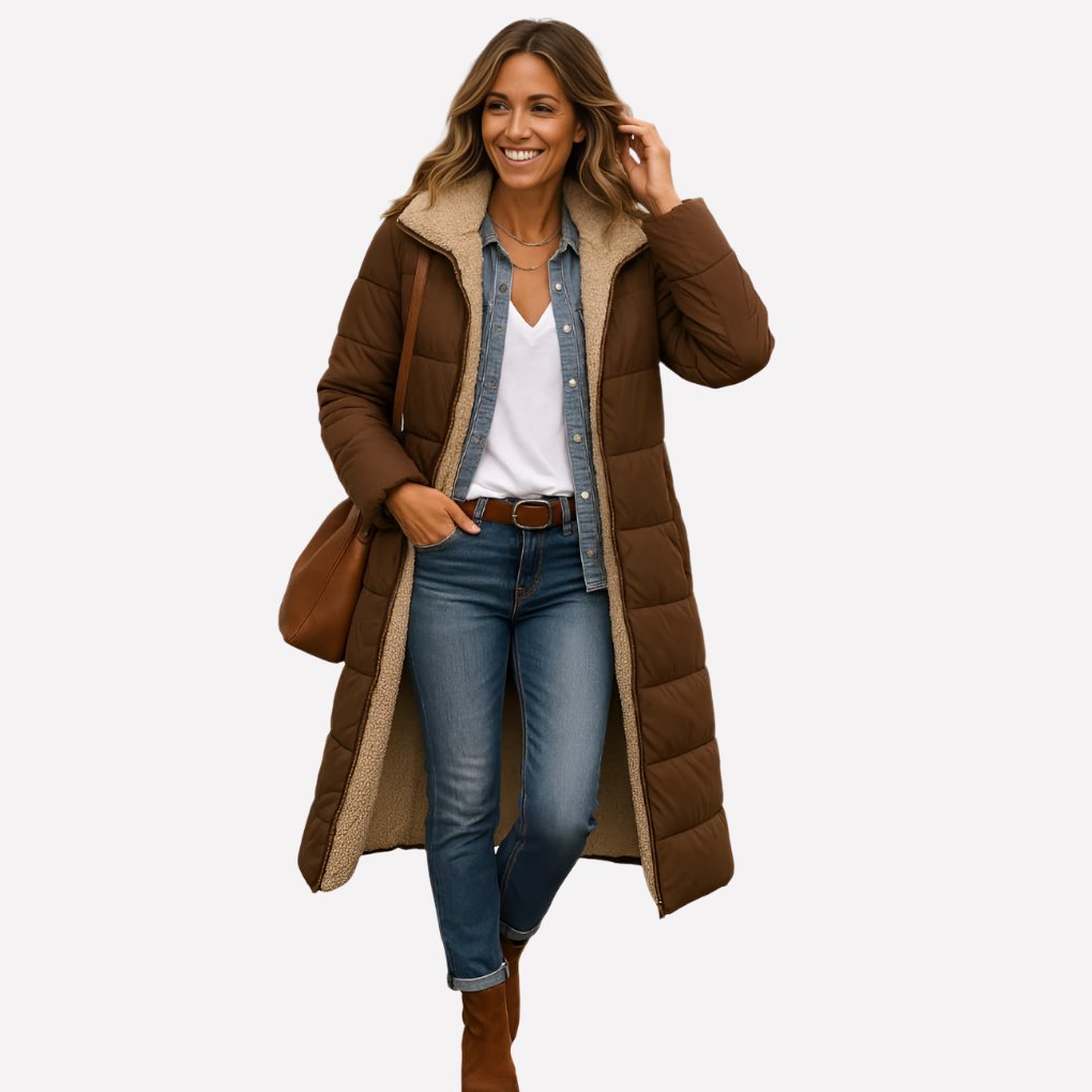 Women's Sherpa-Lined Longline Teddy Puffer Coat - Brown