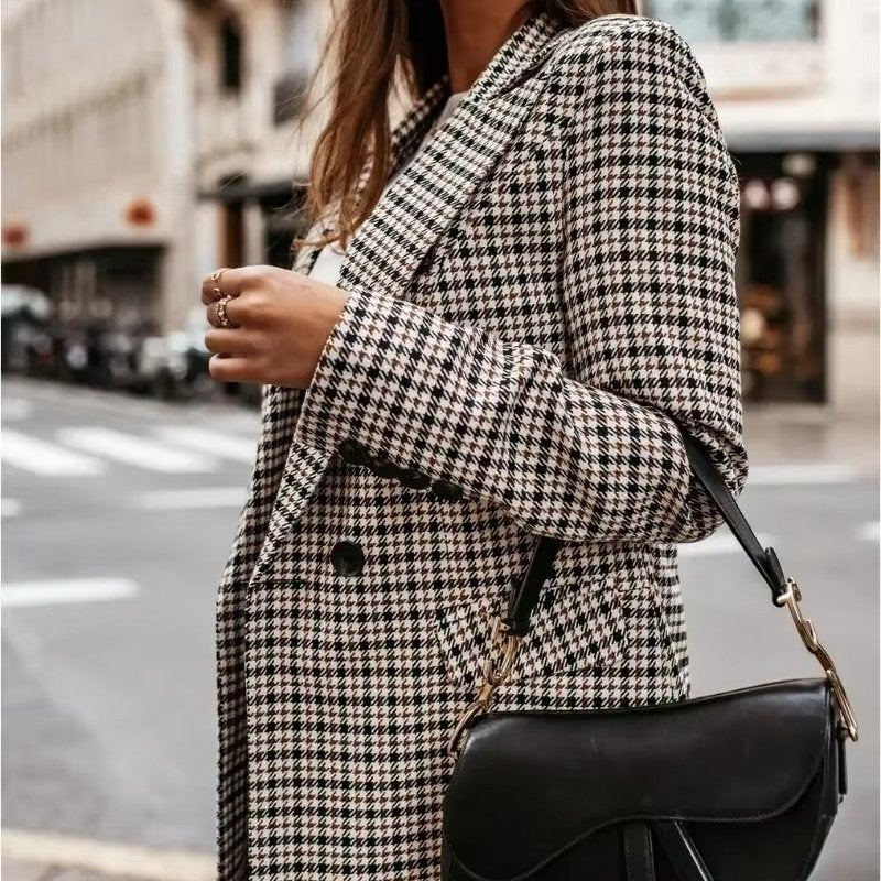 Women's Houndstooth Longline Wool Blazer - Checkered White/Black