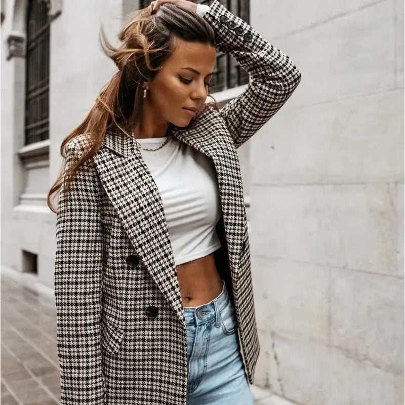 Women's Houndstooth Longline Wool Blazer
