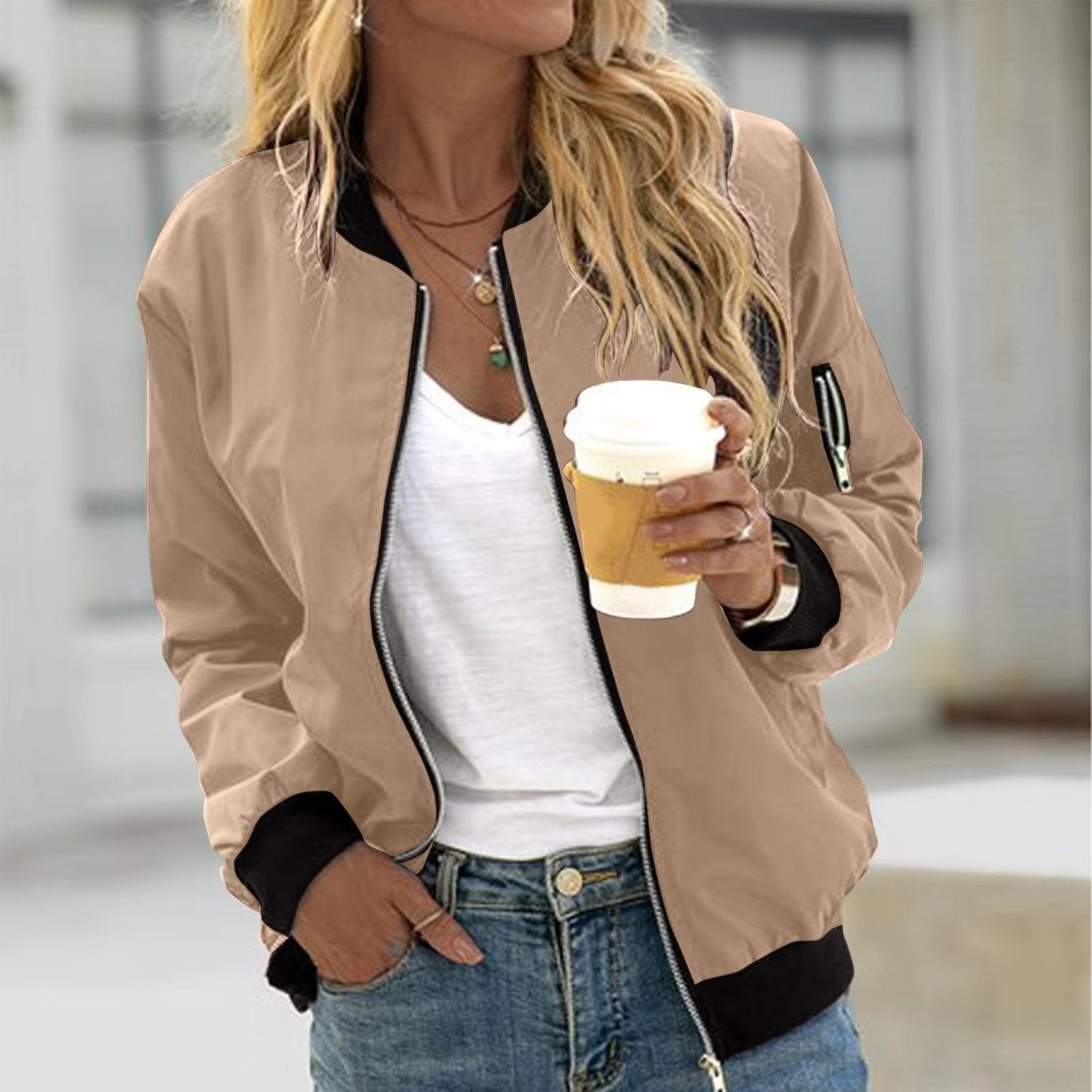 Women's Cropped Bomber Jacket - Khaki