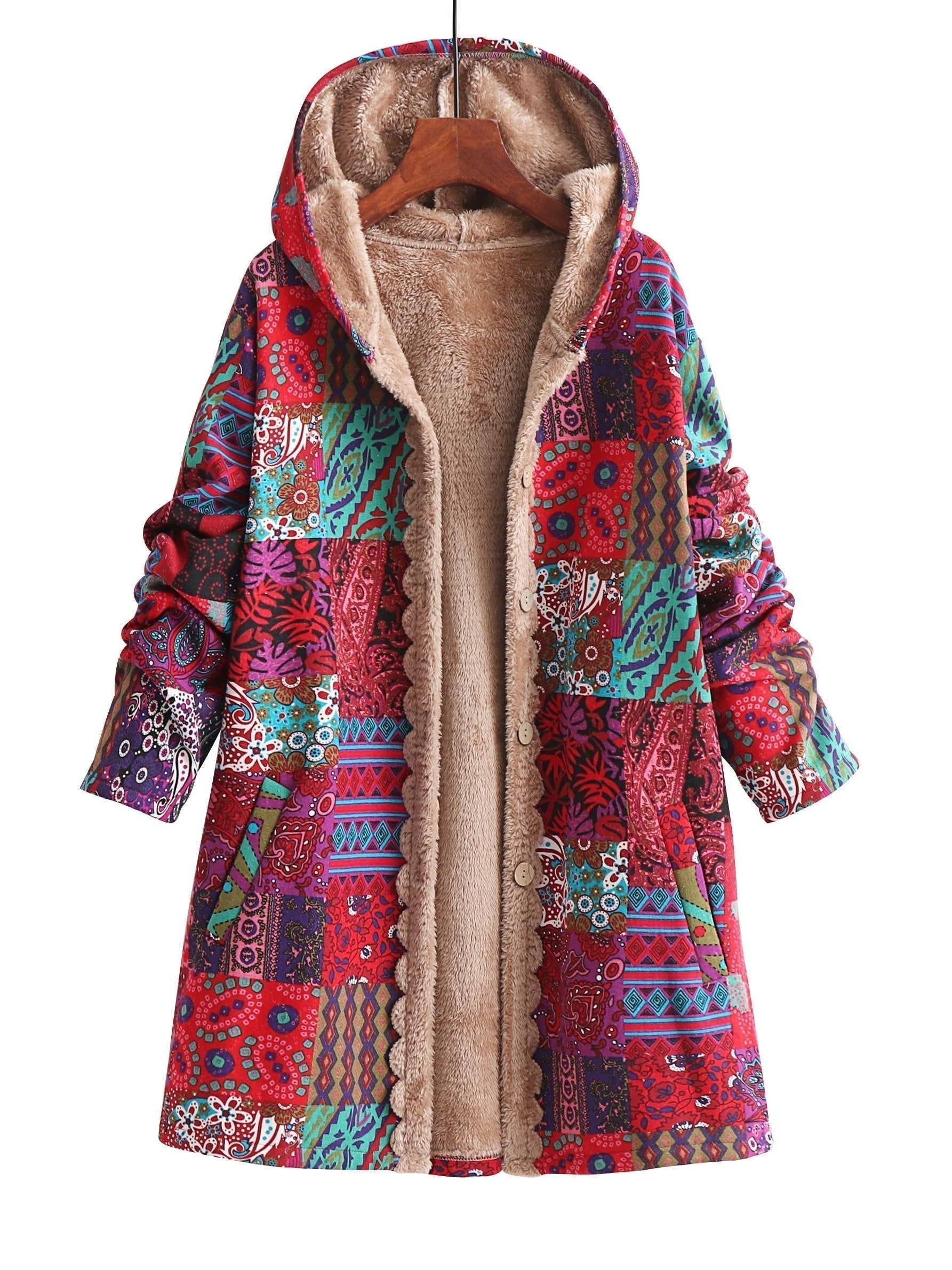 Women's Hooded Longline Teddy Coat - Red