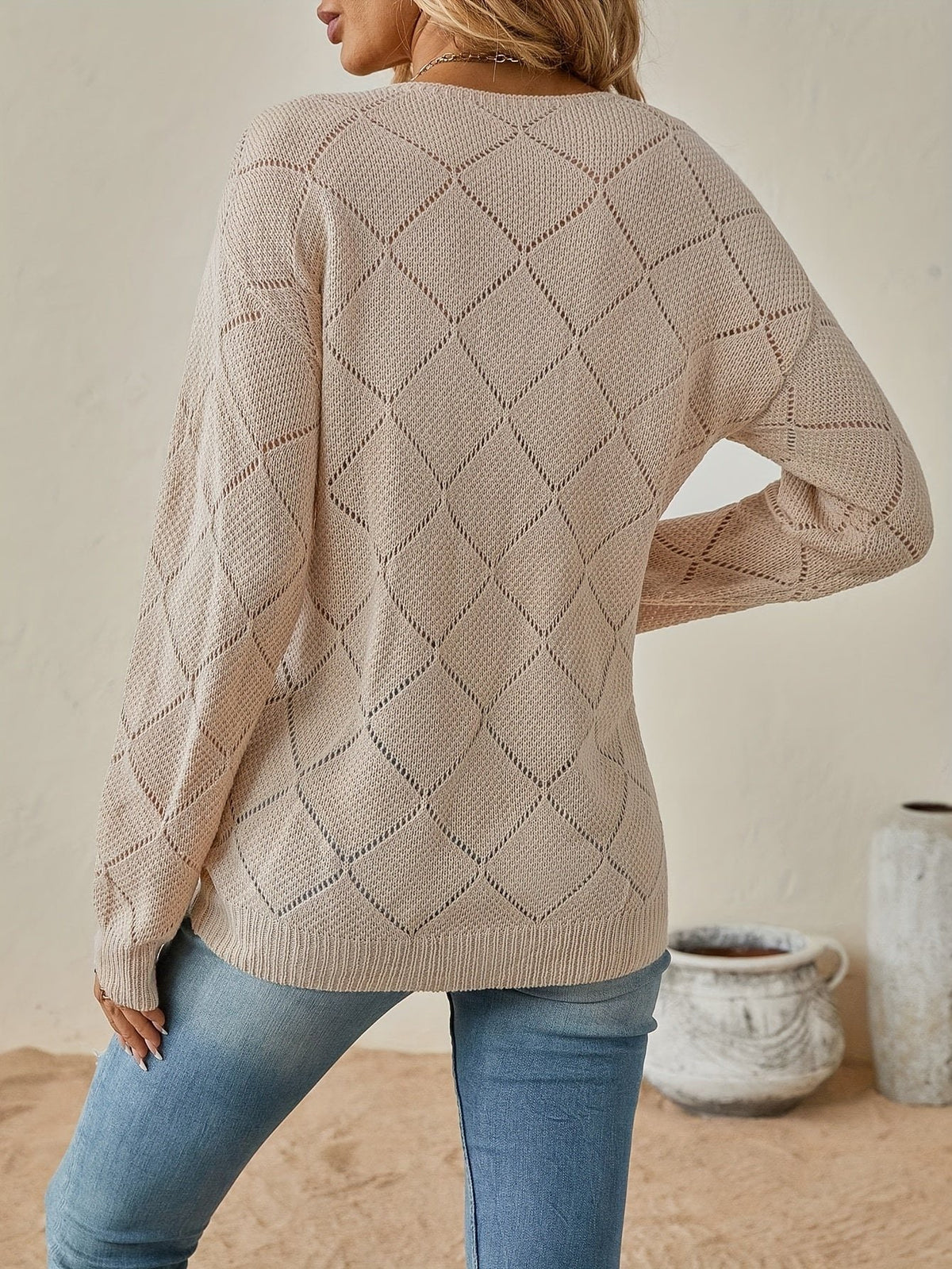 Women's Diamond Crochet V-Neck Jumper