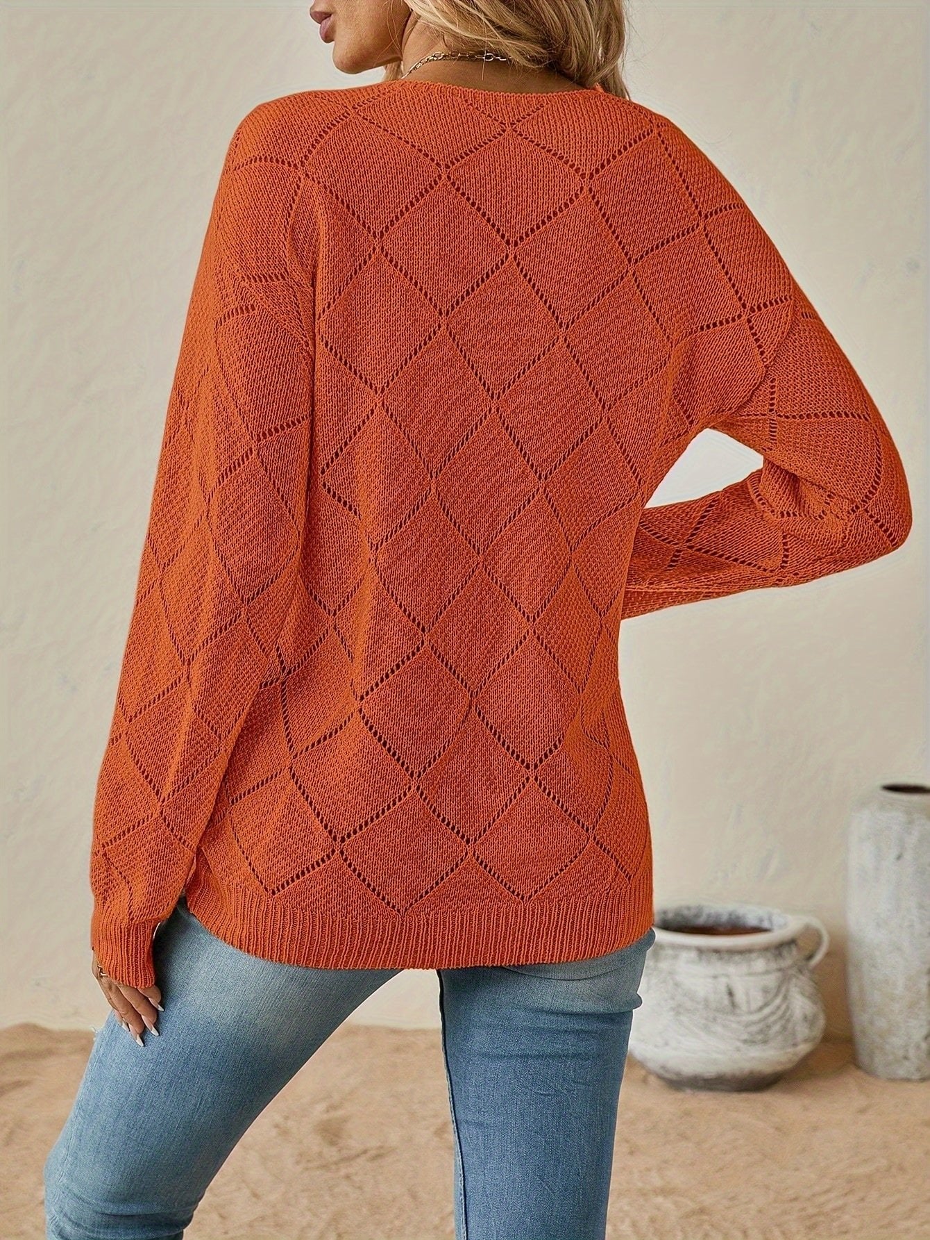 Women's Diamond Crochet V-Neck Jumper