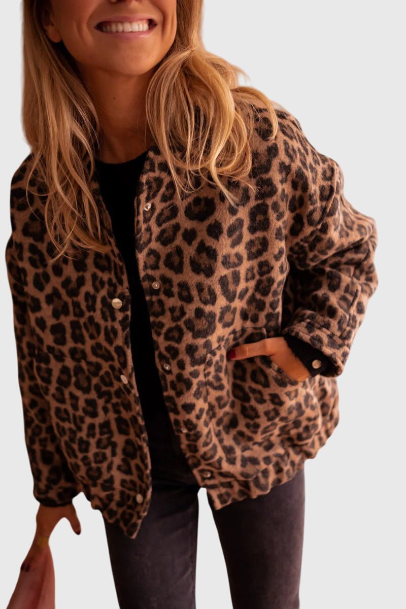 Women's Leopard Print Snap-Button Jacket - Leopard