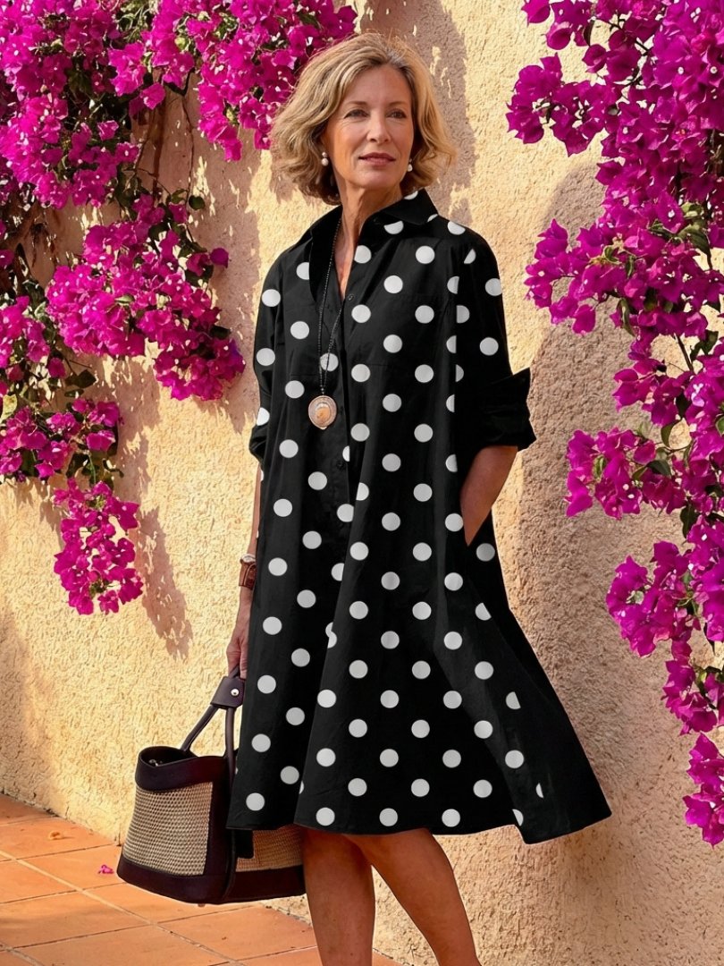 Women's Black Shirt Dress - Dots