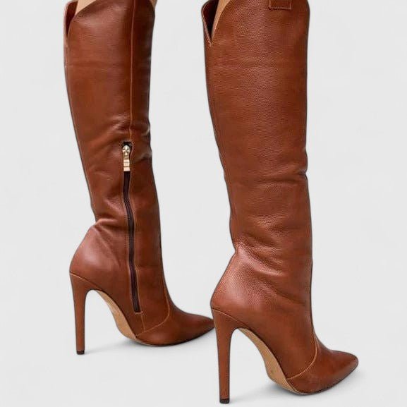 Women's Leather Knee-High Stiletto Boots - Brown Leather