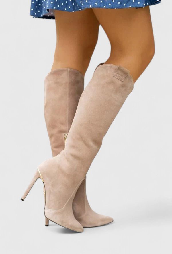 Women's Leather Knee-High Stiletto Boots - Beige Suede