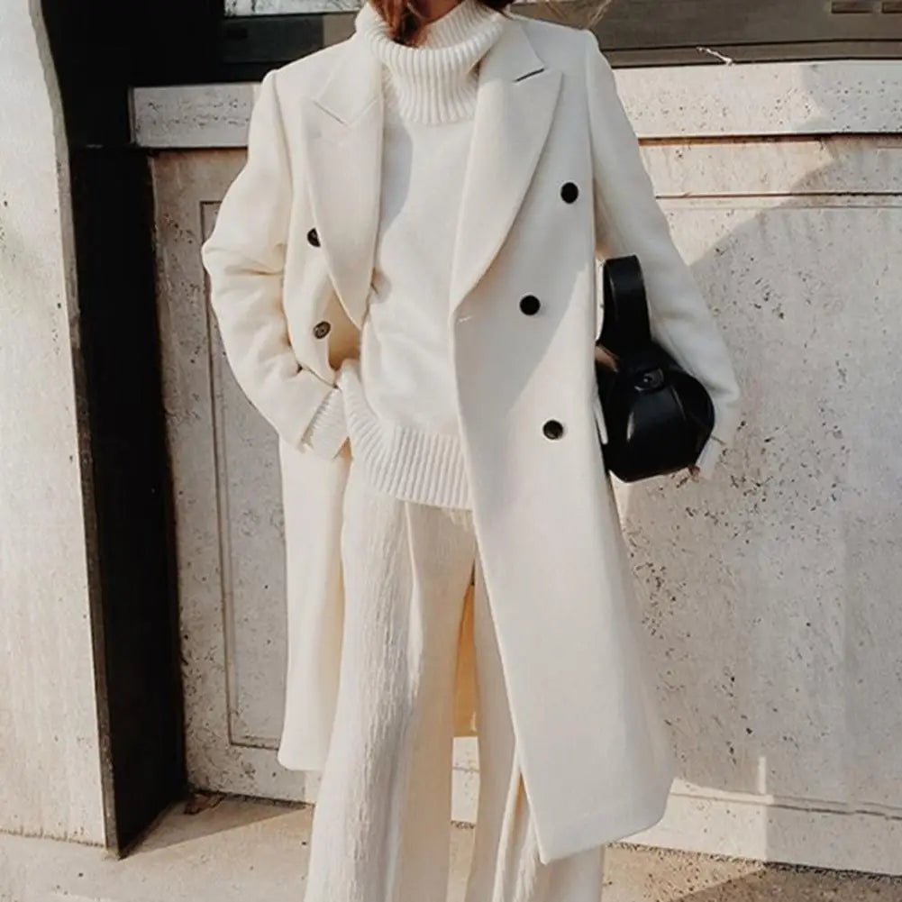 Women's Double-Breasted Belted Wool Overcoat - White