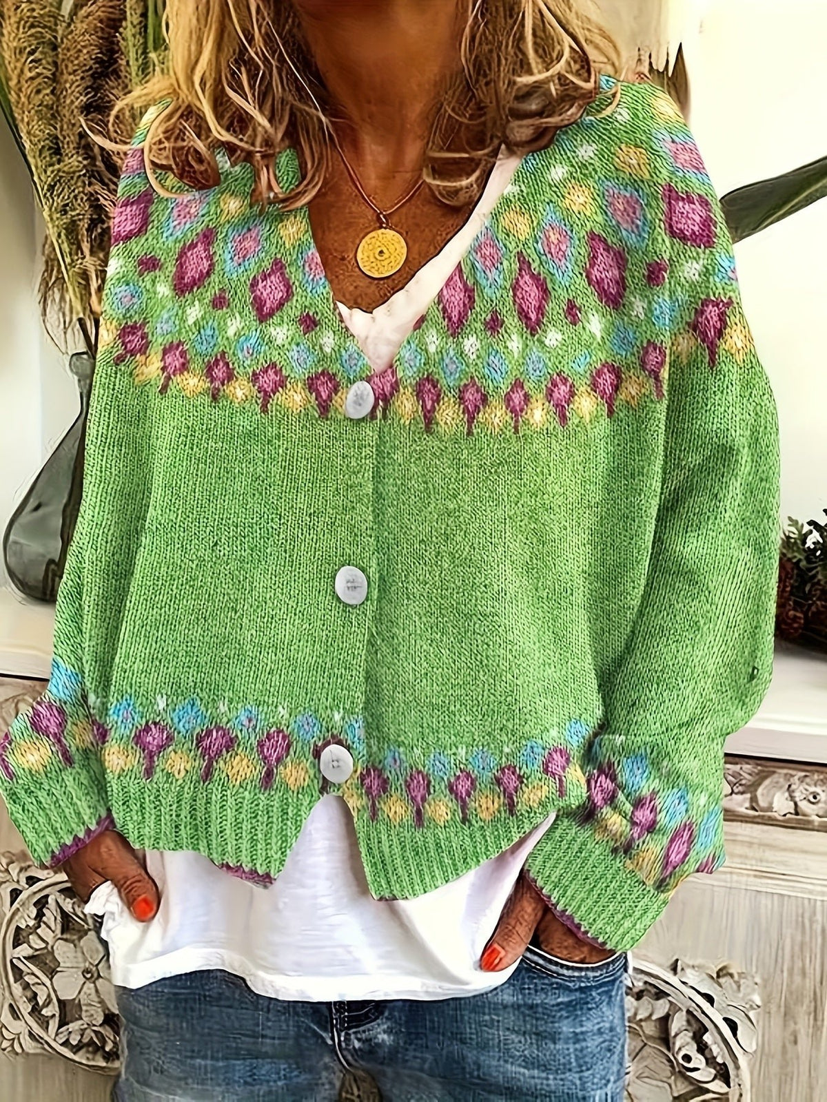 Women's Oversized Floral Christmas V-Neck Cardigan