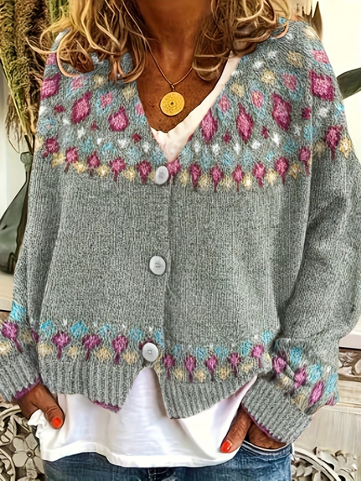 Women's Oversized Floral Christmas V-Neck Cardigan