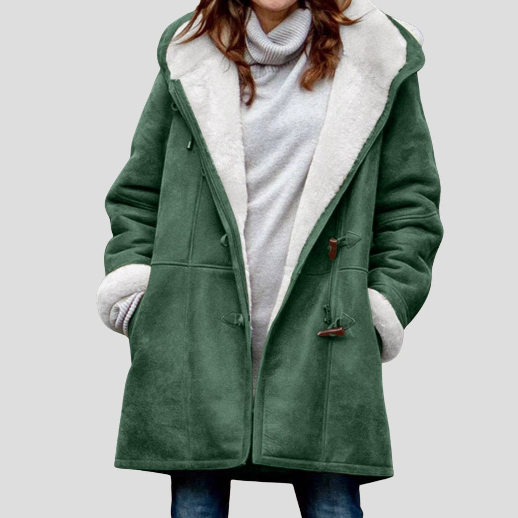 Women's Oversized Suede Duffle Hooded Shearling Coat - Green