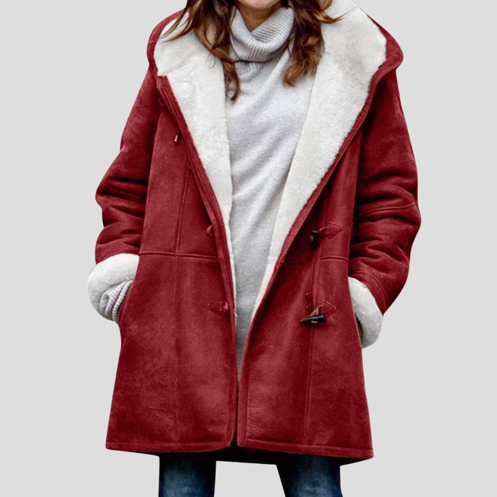 Women's Oversized Suede Duffle Hooded Shearling Coat - Red