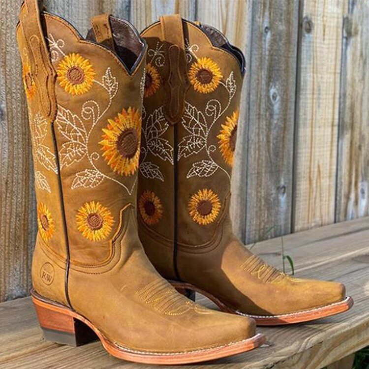 Women's Floral Leather Western Cowboy Boots - Khaki