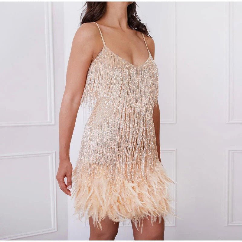 Women's Fringe Sequin Mini Party Dress - Rose Gold