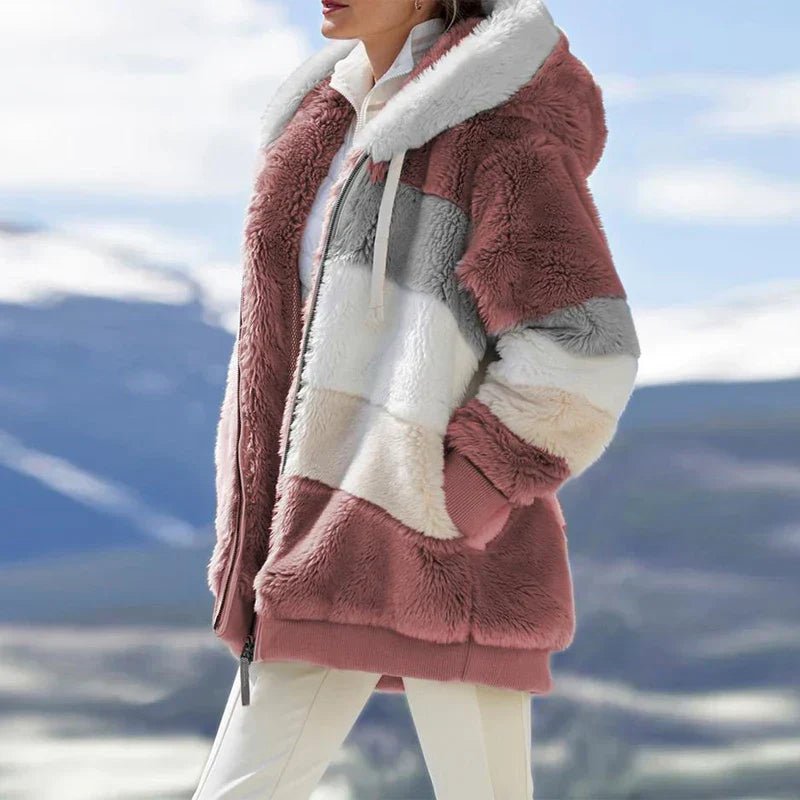 Women's Oversized Striped Hooded Faux Fur Jacket - Red Stripes