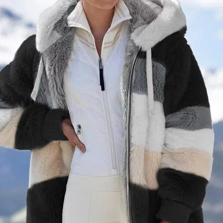 Women's Oversized Striped Hooded Faux Fur Jacket - Black Stripes