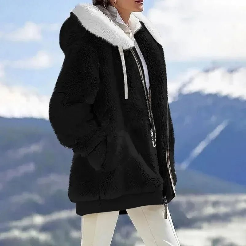 Women's Oversized Striped Hooded Faux Fur Jacket - Black