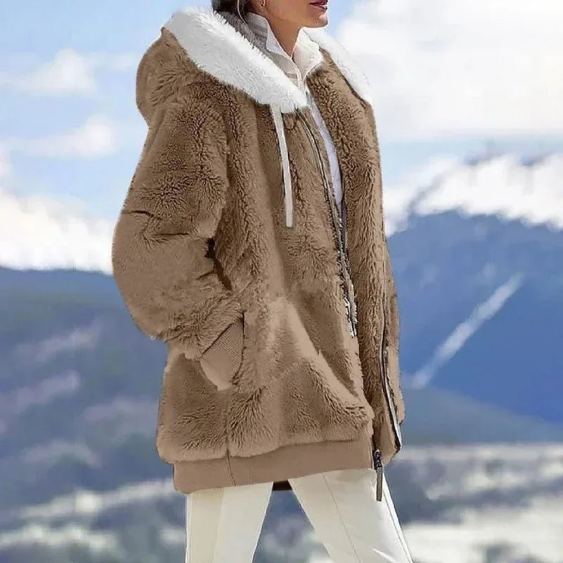 Women's Oversized Striped Hooded Faux Fur Jacket - Brown