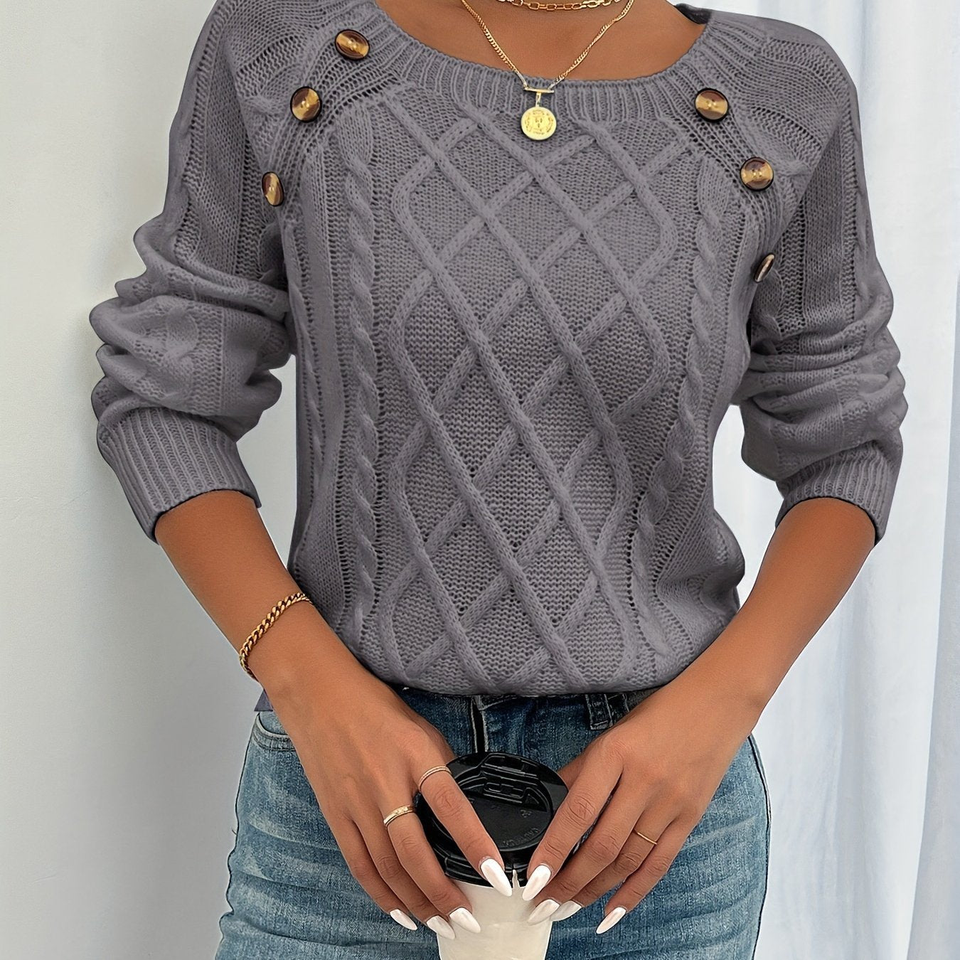 Women's Cable Knit Scoop-Neck Jumper - Dark Grey