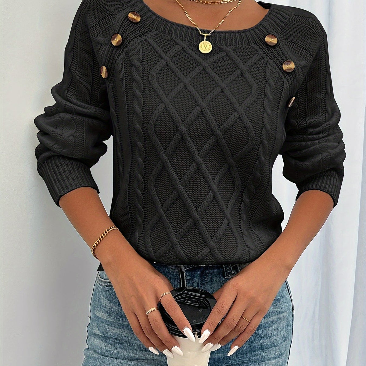Women's Cable Knit Scoop-Neck Jumper - Black