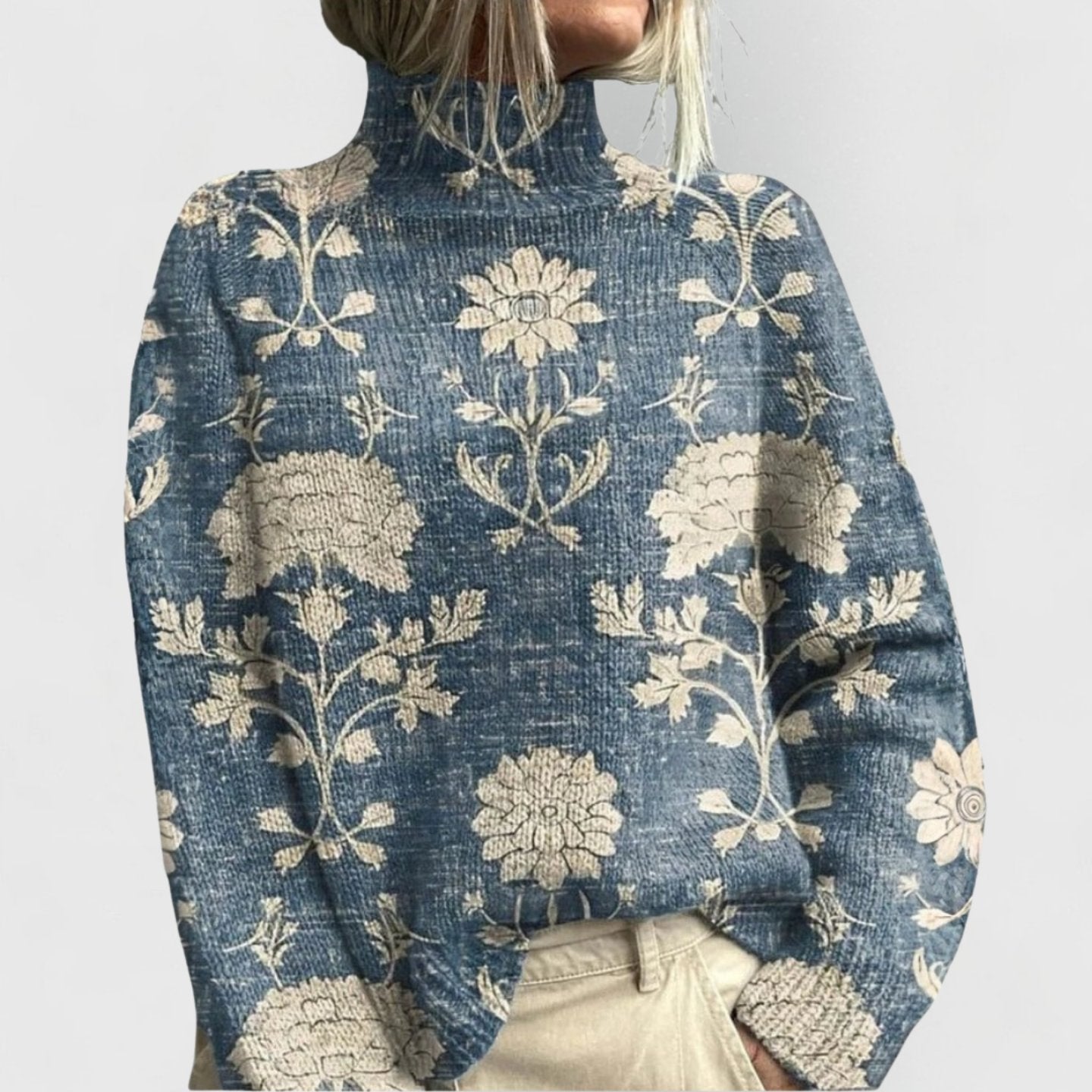 Women's Oversized Floral Knit Ribbed Jumper - Light Blue