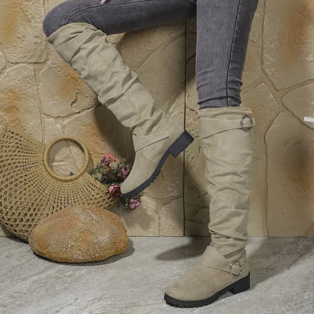 Women's Suede Over-the-Knee Boots - Khaki