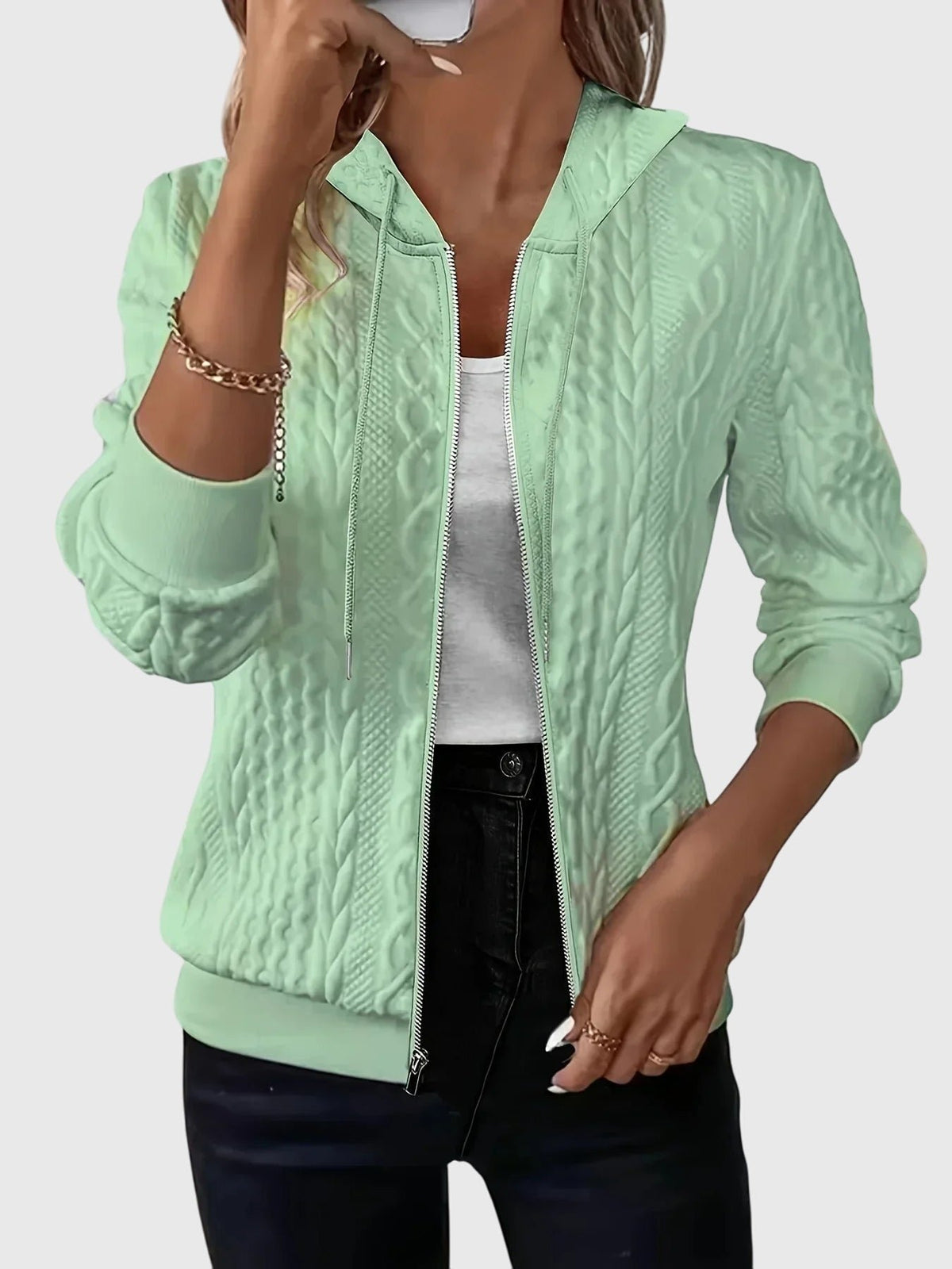 Women's Cropped Knit Hooded Jacket - Green