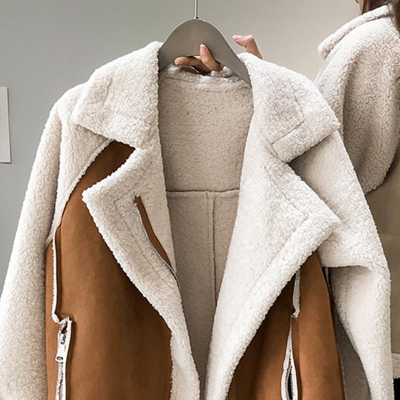 Women's Oversized Suede Moto Teddy Leather Jacket