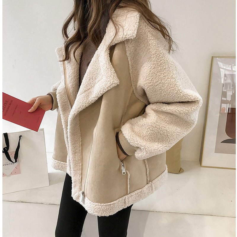 Women's Oversized Suede Moto Teddy Leather Jacket - Beige