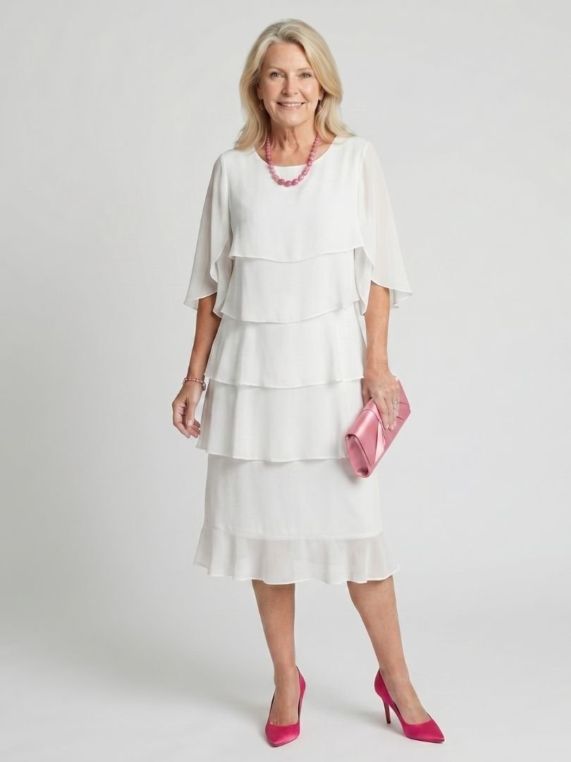 Women's Black Chiffon Tiered Midi Party Dress - White