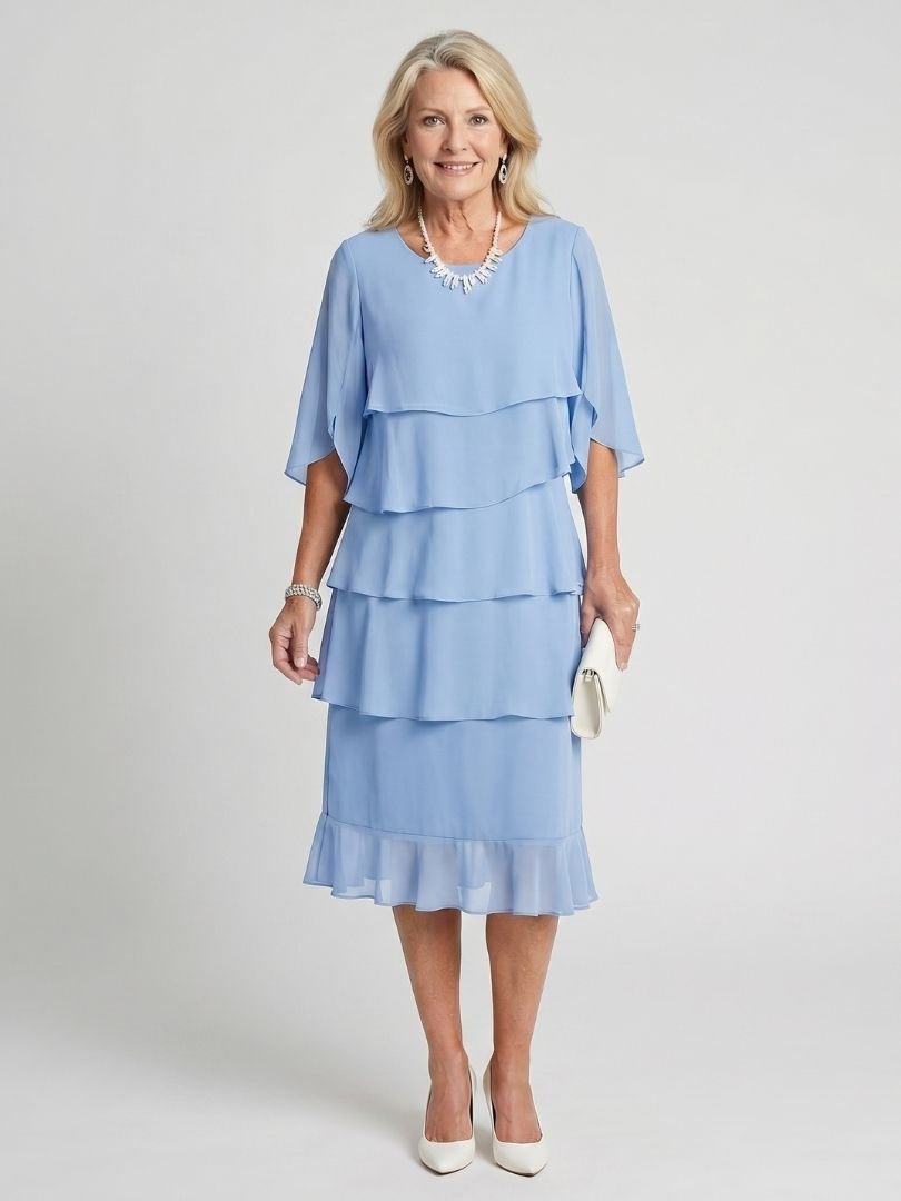 Women's Black Chiffon Tiered Midi Party Dress - Sky blue