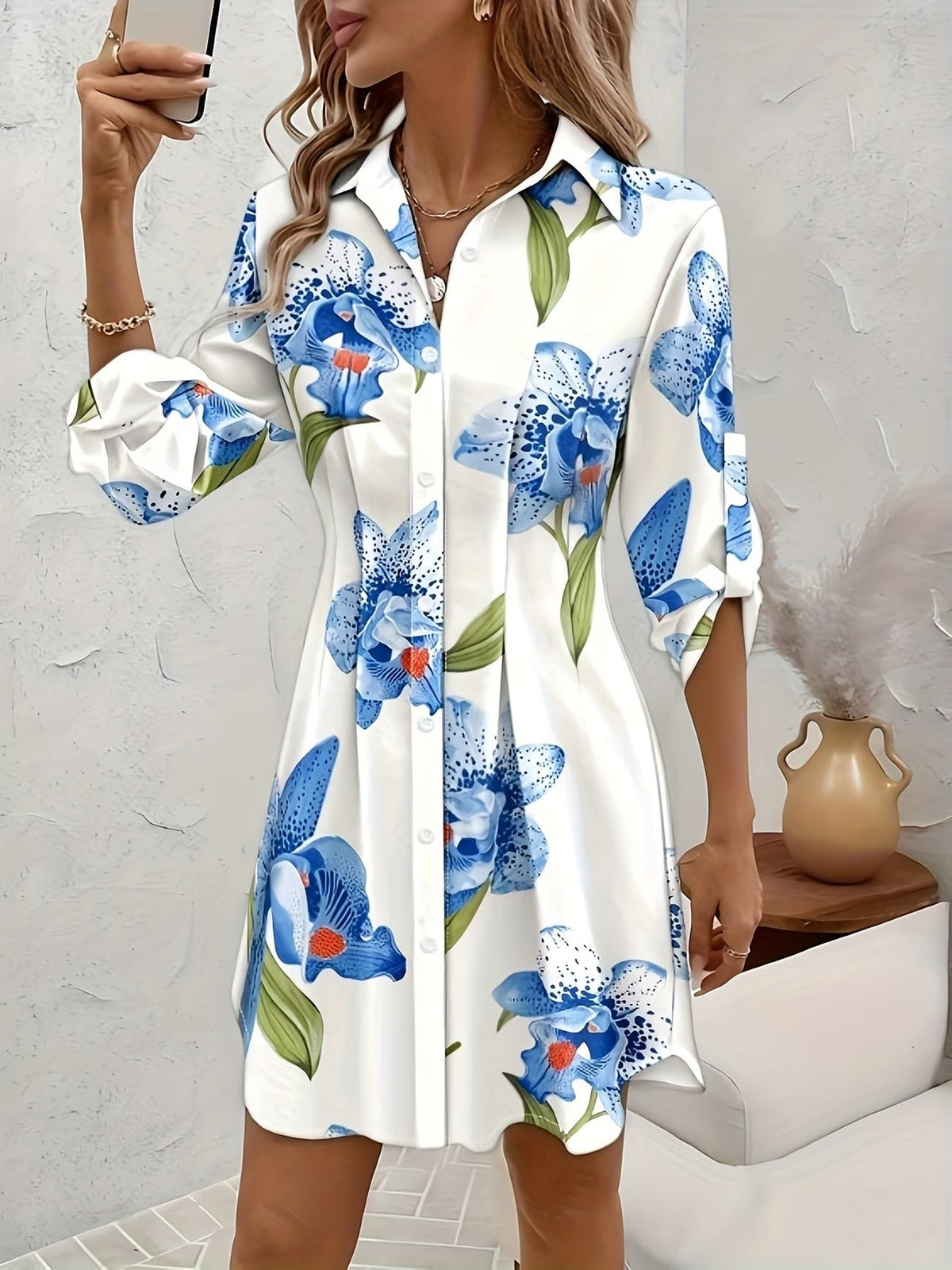 Women's Floral Satin Long Sleeve Shirt Dress - White
