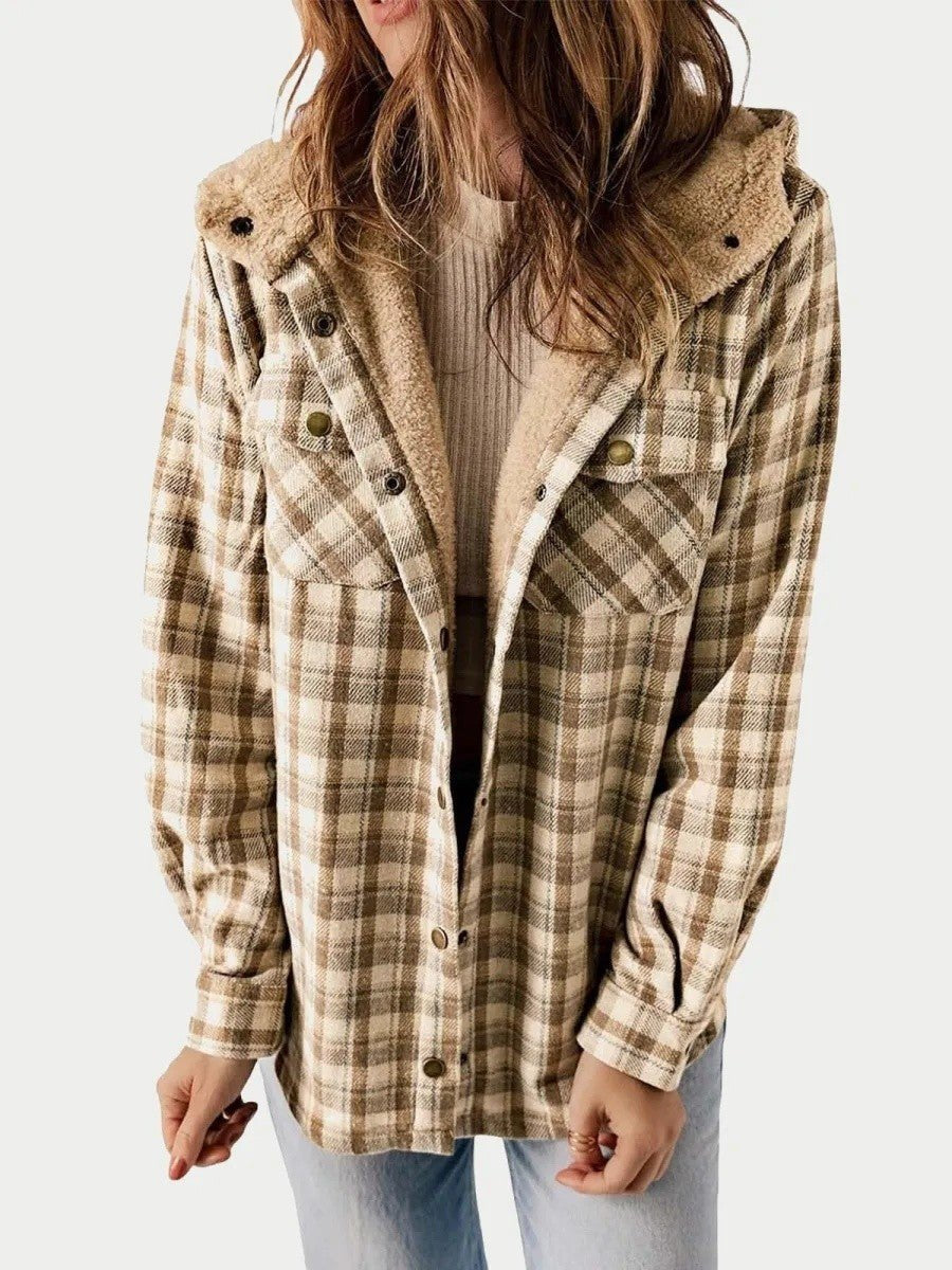 Women's Oversized Plaid Hooded Teddy Shirt Jacket - Khaki