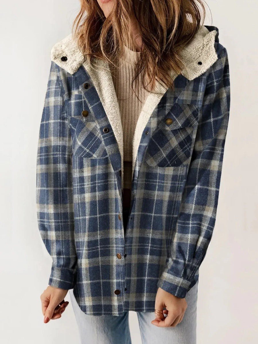 Women's Oversized Plaid Hooded Teddy Shirt Jacket - Blue