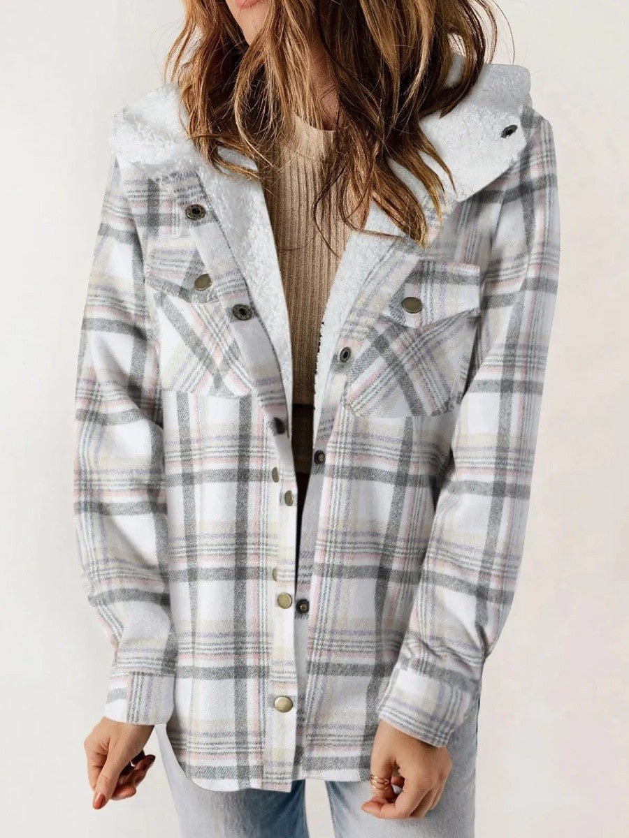 Women's Oversized Plaid Hooded Teddy Shirt Jacket - White