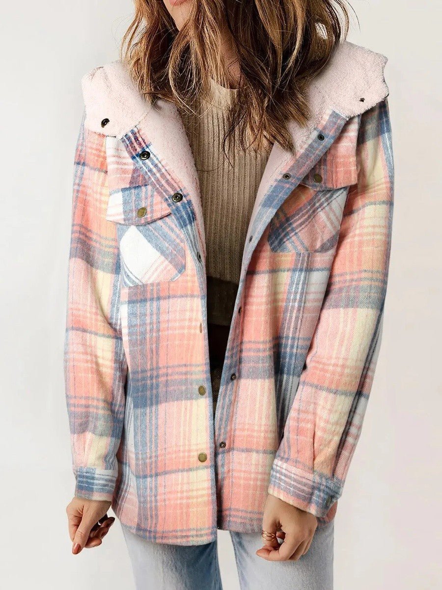Women's Oversized Plaid Hooded Teddy Shirt Jacket - Pink