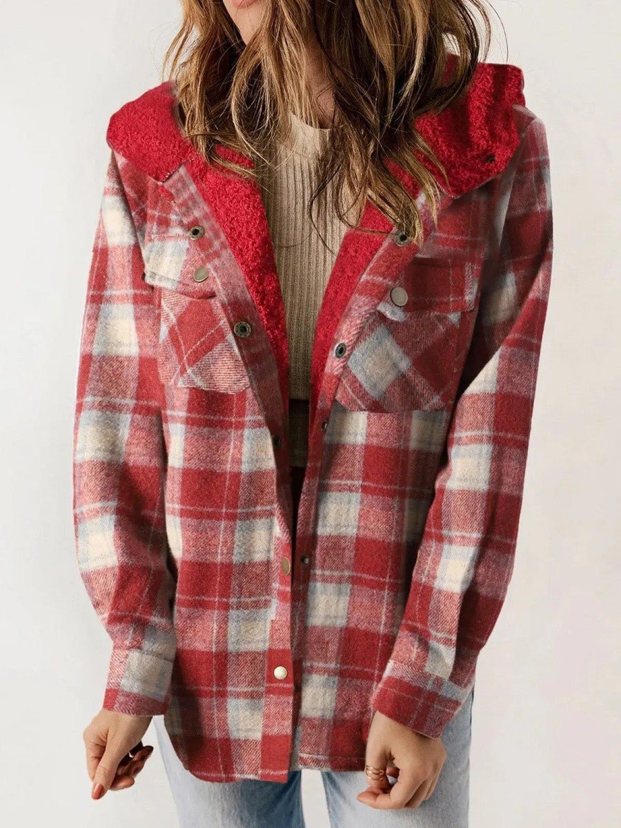 Women's Oversized Plaid Hooded Teddy Shirt Jacket - Red