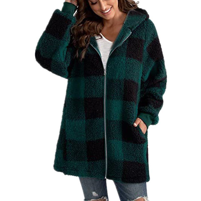 Women's Oversized Plaid Fleece Hooded Longline Teddy Jacket - Green