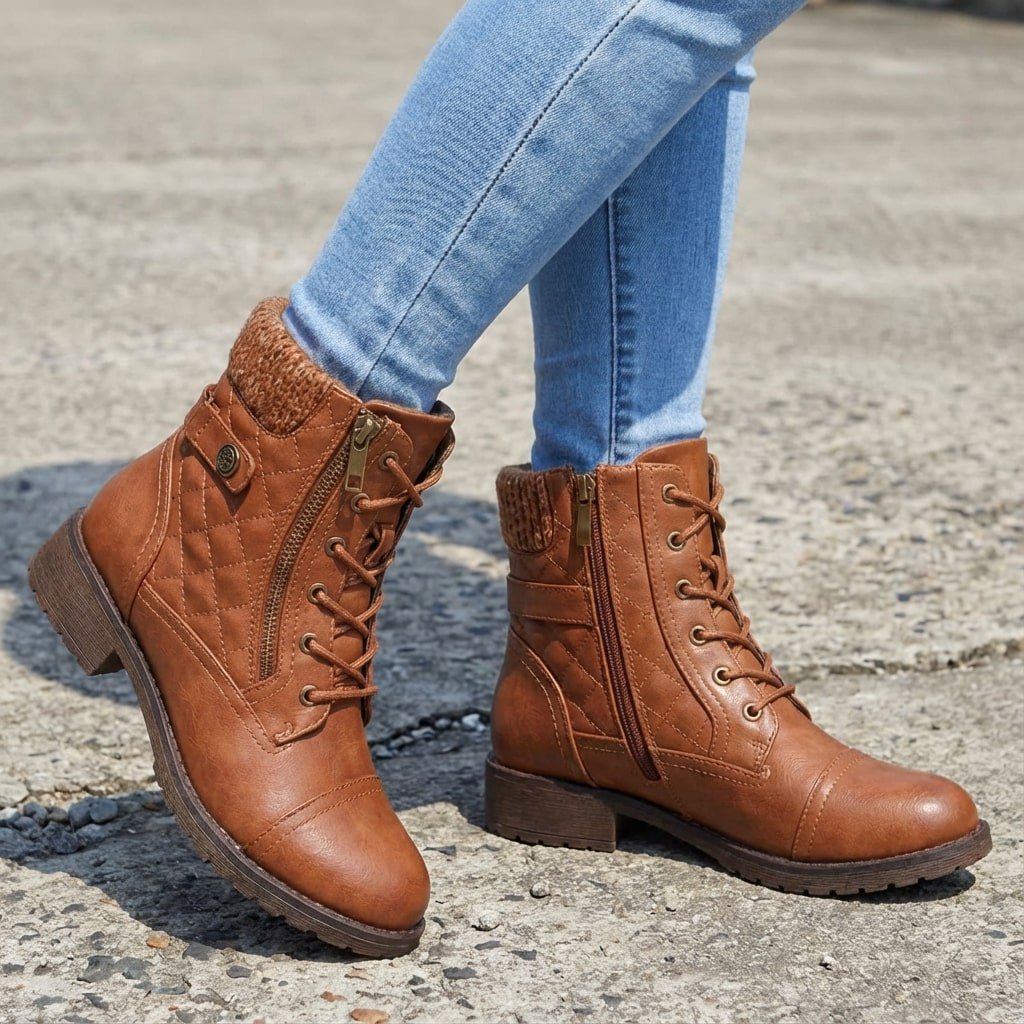 Women's Quilted Faux Leather Combat Ankle Boots - Brown
