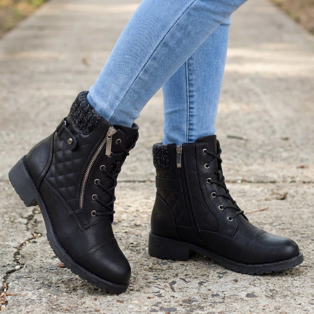 Women's Quilted Faux Leather Combat Ankle Boots - Black