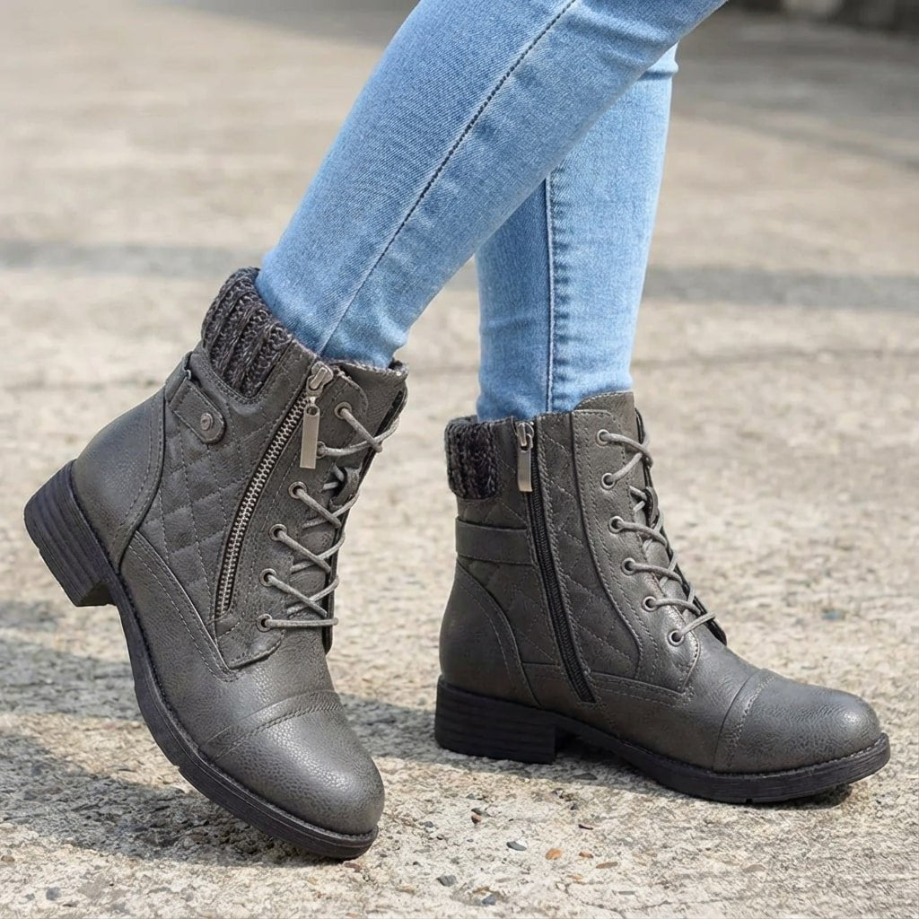 Women's Quilted Faux Leather Combat Ankle Boots - Grey