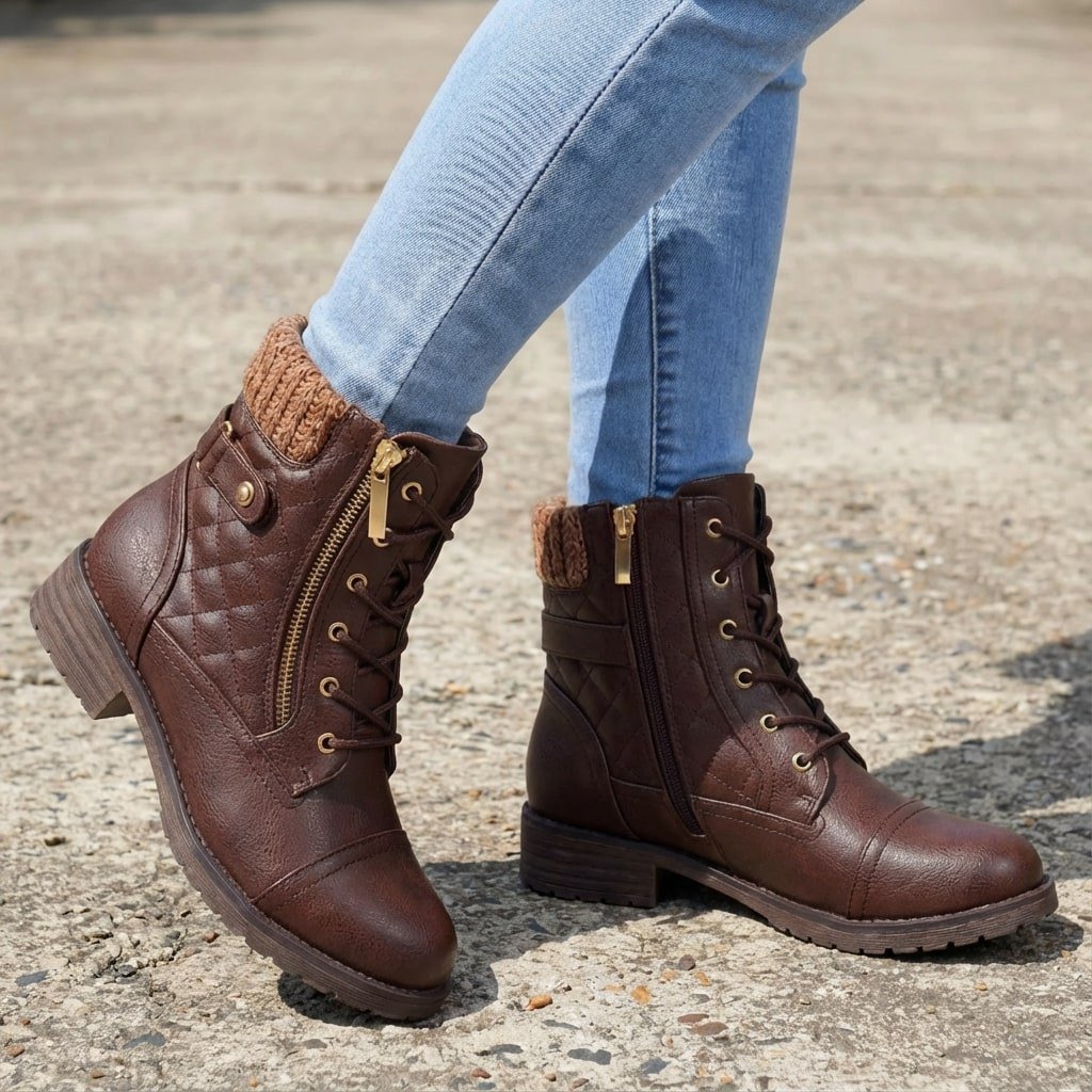 Women's Quilted Faux Leather Combat Ankle Boots - Dark Brown
