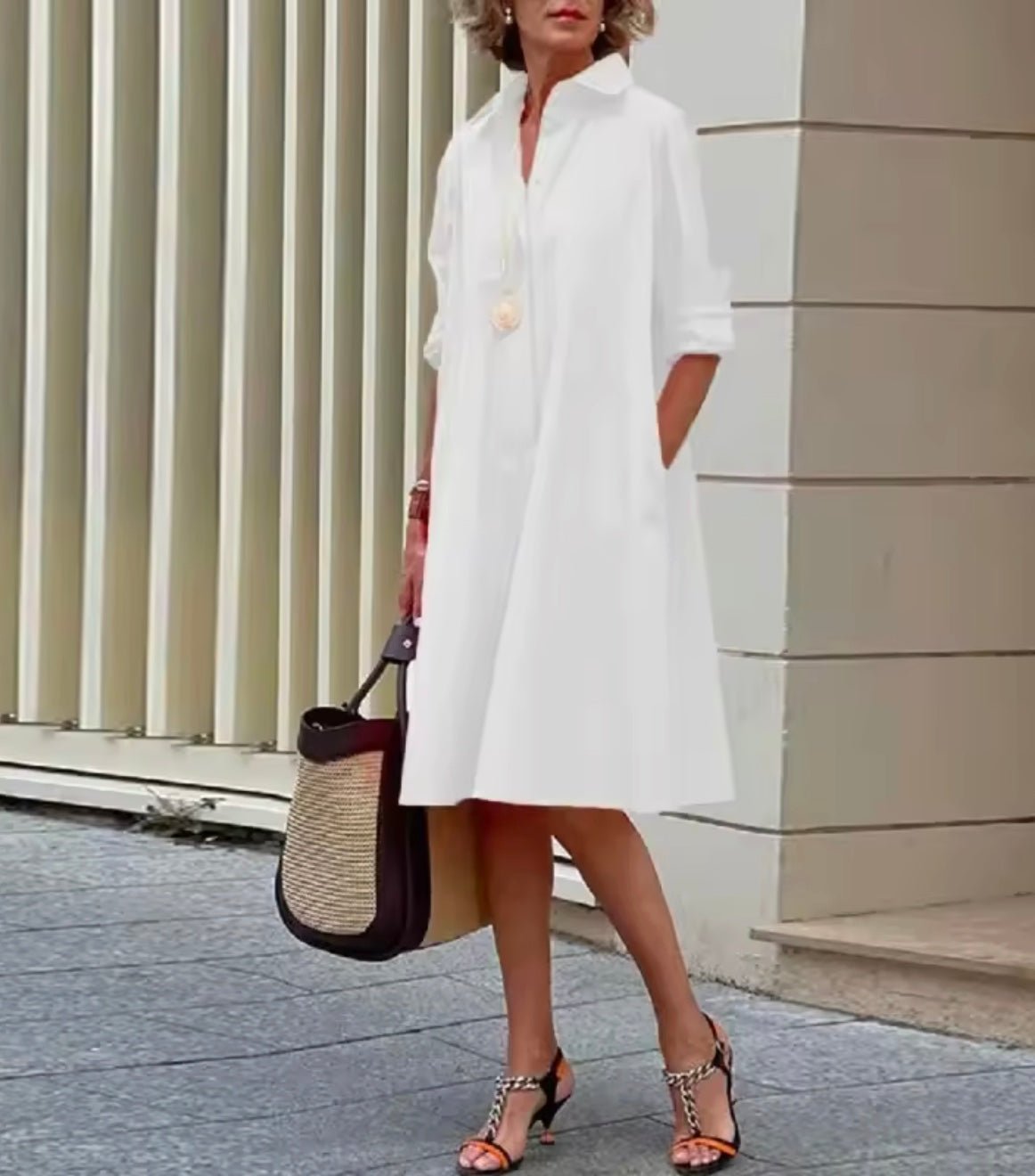 Women's Black Midi Shirt Dress - White