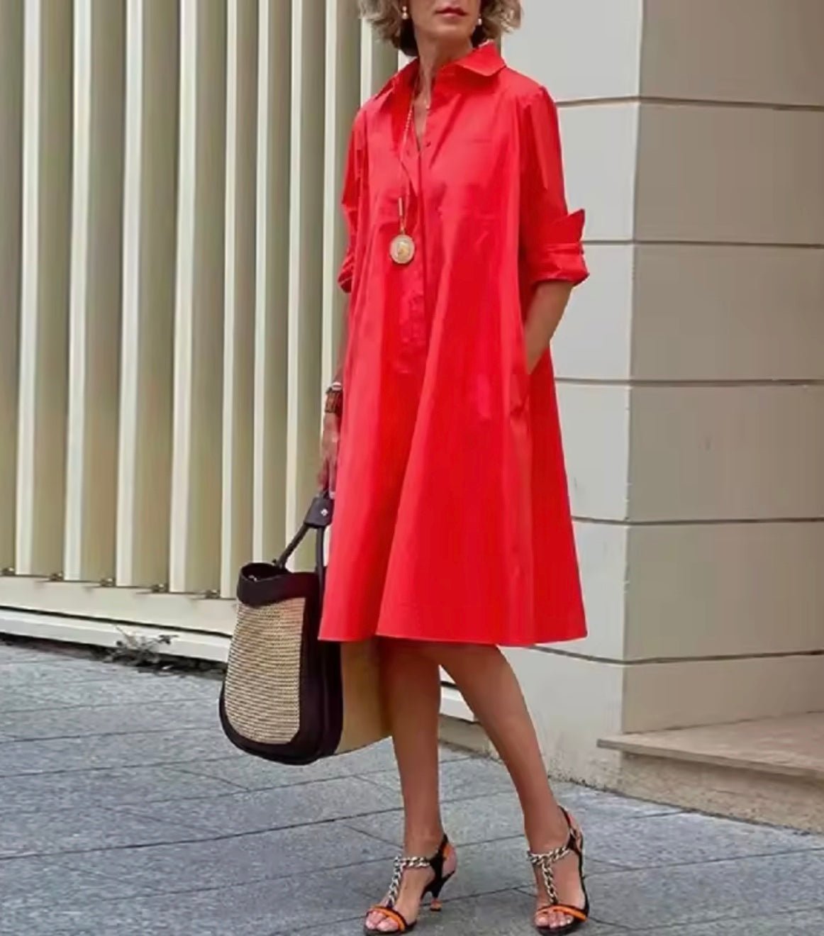 Women's Black Midi Shirt Dress - Red