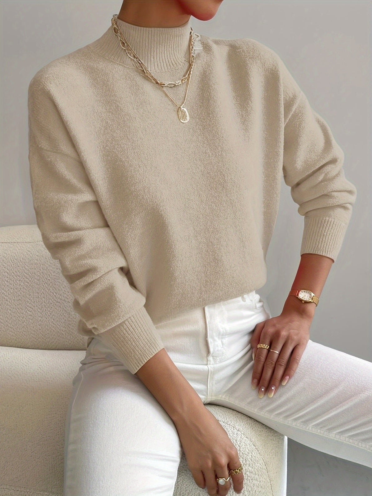 Women's Oversized Funnel Roll Neck Jumper - Beige
