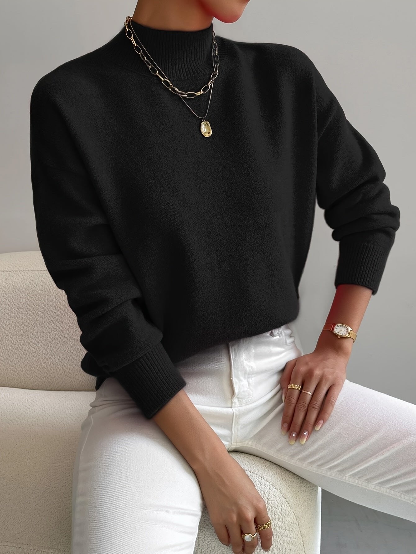 Women's Oversized Funnel Roll Neck Jumper - Black