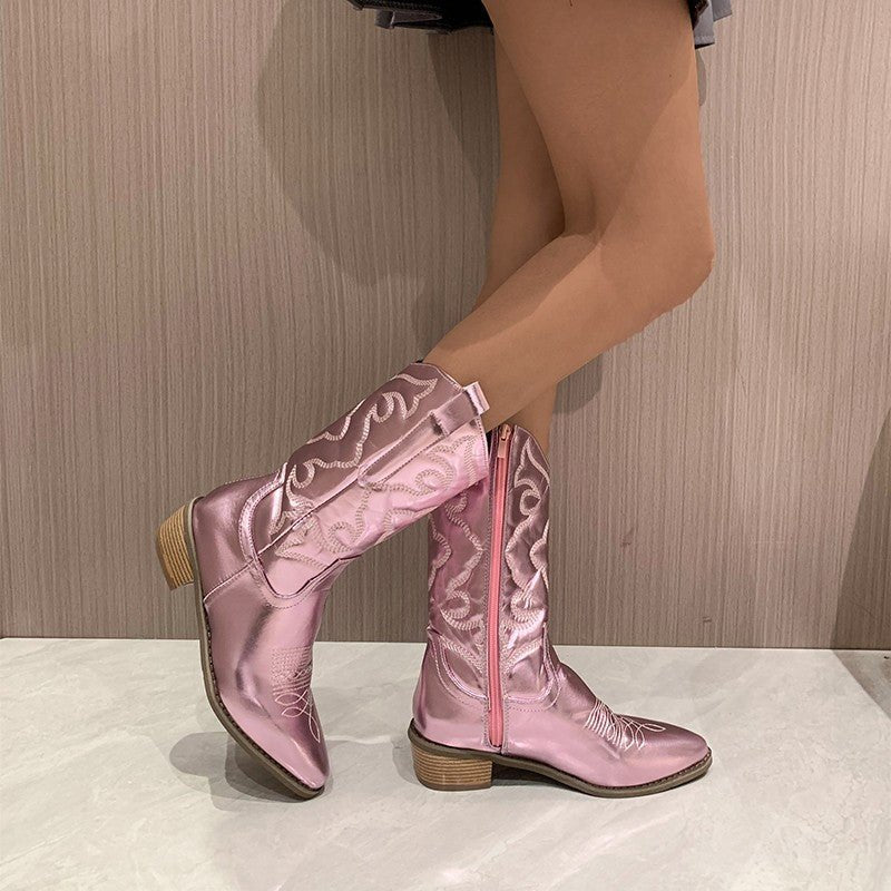 Women's Faux Leather Western Cowboy Knee-High Boots - pink