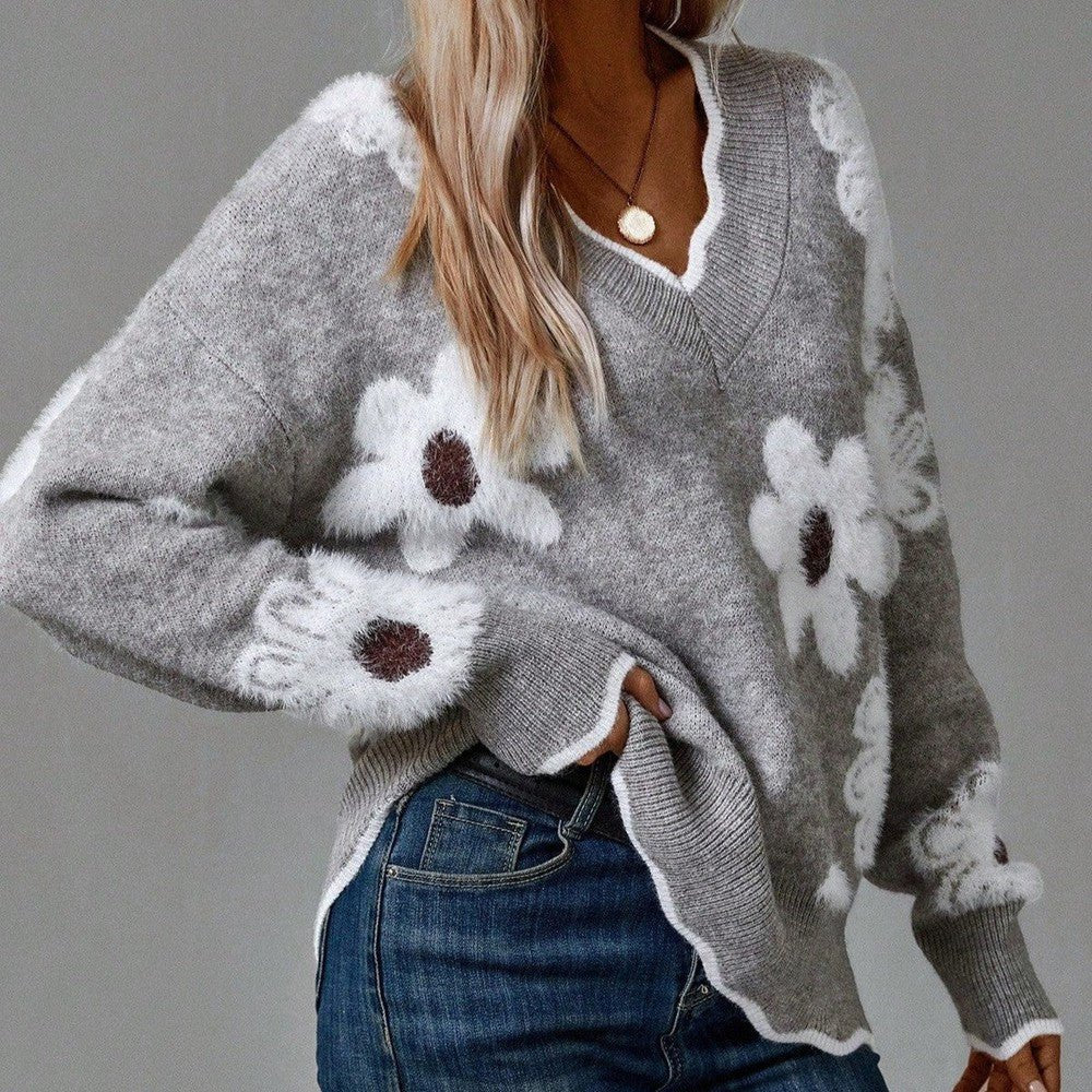 Women's Floral Wool V-Neck Jumper - Gray